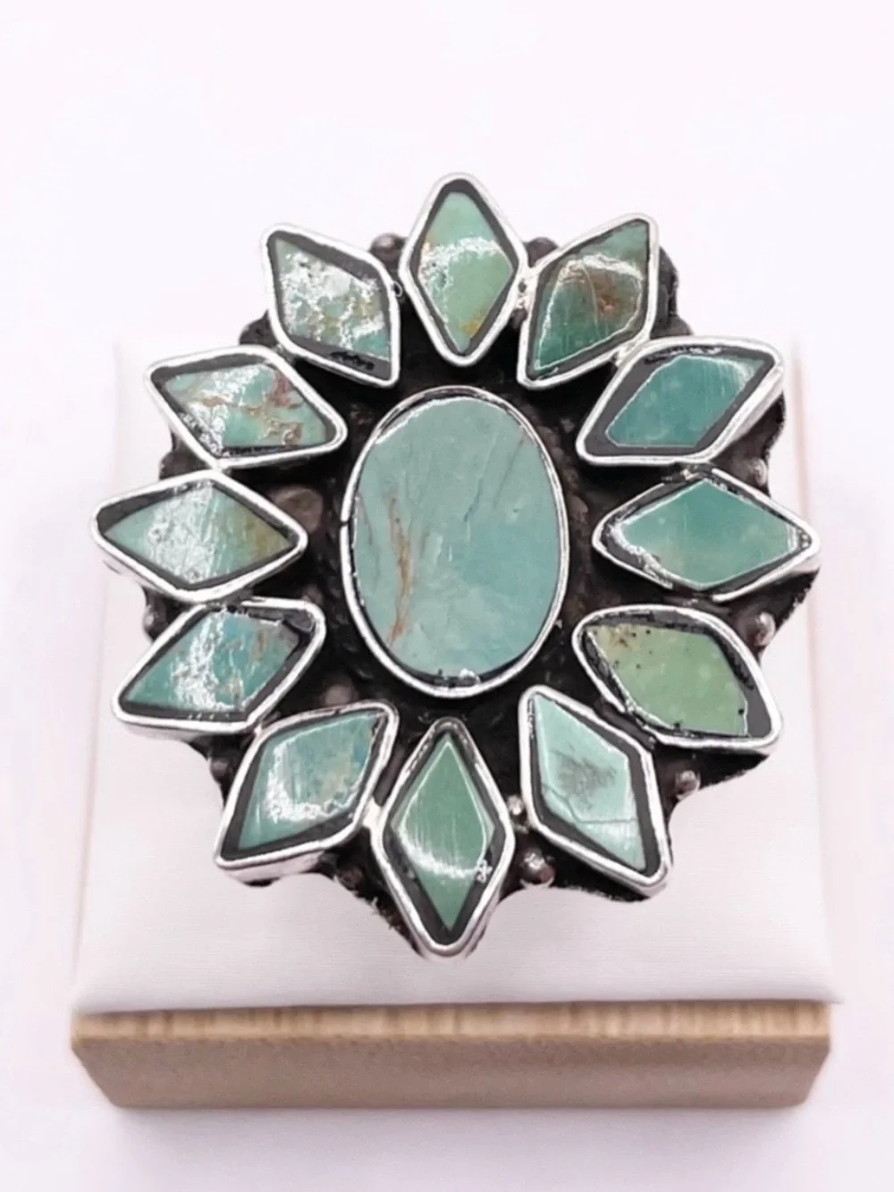 Size 7.5 Turquoise Sunburst statement Sterling Silver Ring